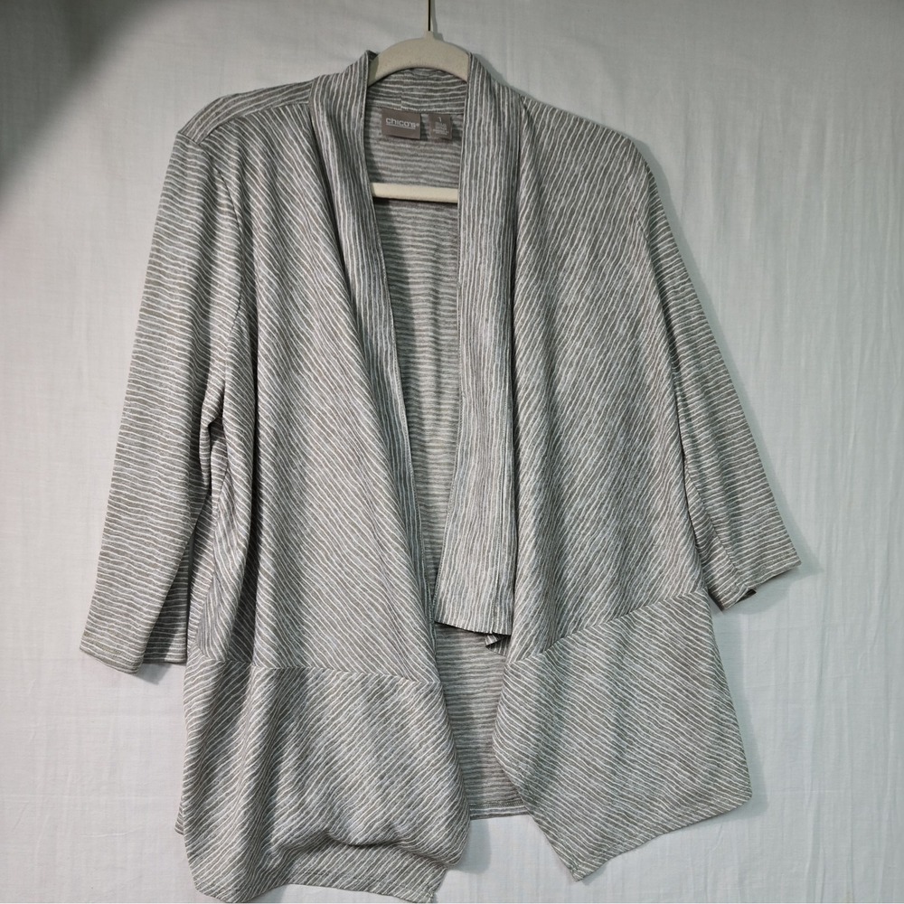 Chico's Women's 1 (M) Sage Green Stripes Open Front Waterfall Cardigan 3/4 Sleev
